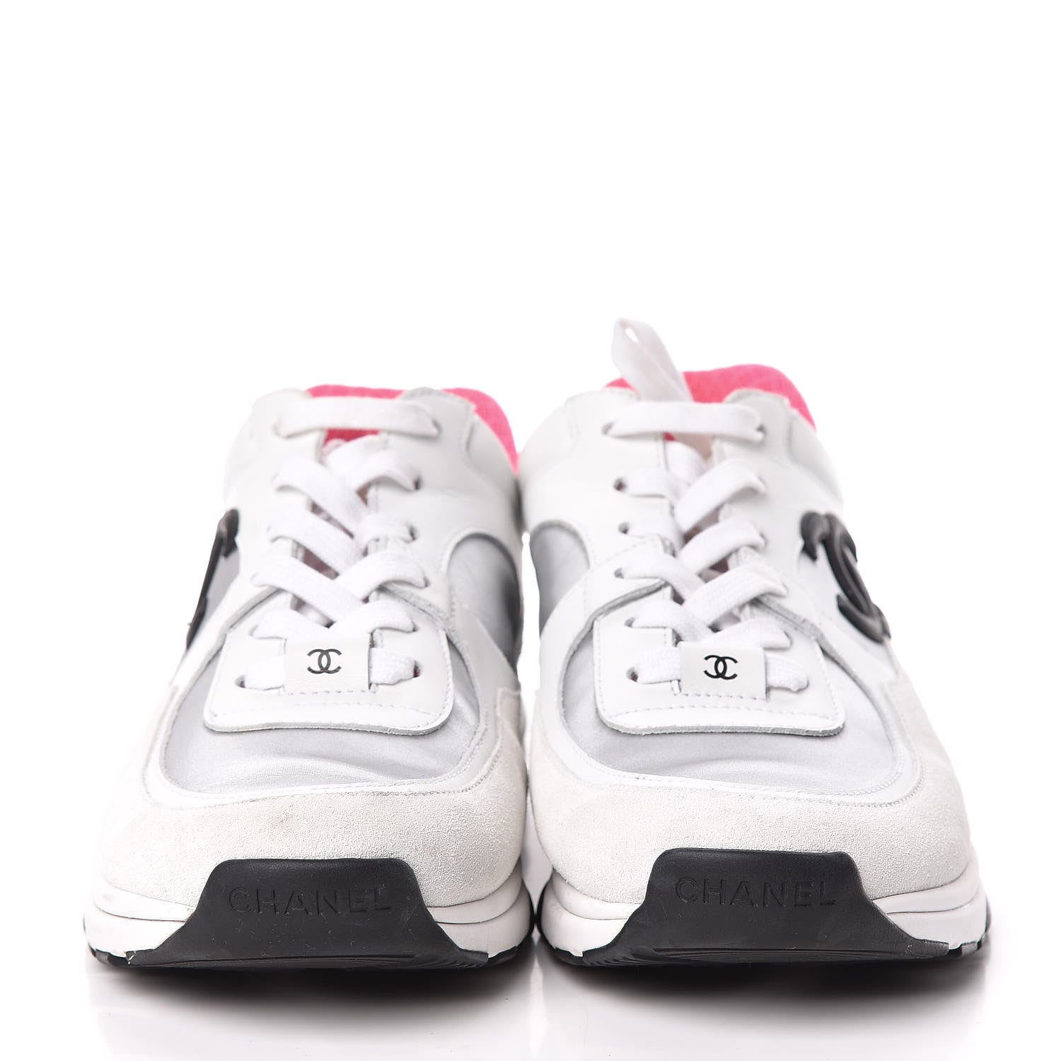 Chanel Suede Calfskin CC Sneakers 38.5 White Silver Fluo Pink 2 of 11