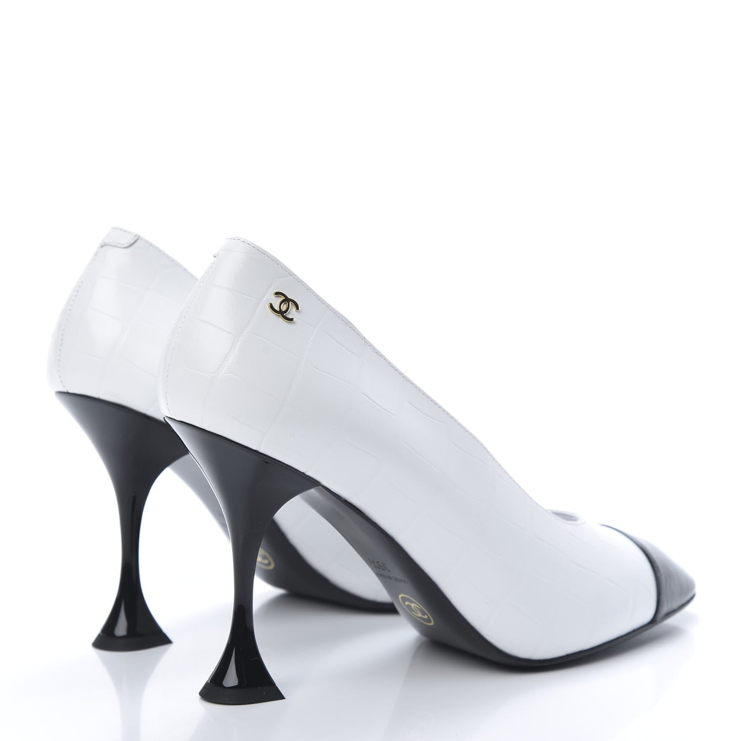 Chanel Crocodile Embossed Calfskin Cap Toe CC Pumps 39.5 Black White 4 of 10