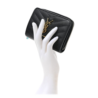 Saint Laurent Grain De Poudre Matelasse Chevron Monogram Compact Zip Around Wallet Black 2 of 6