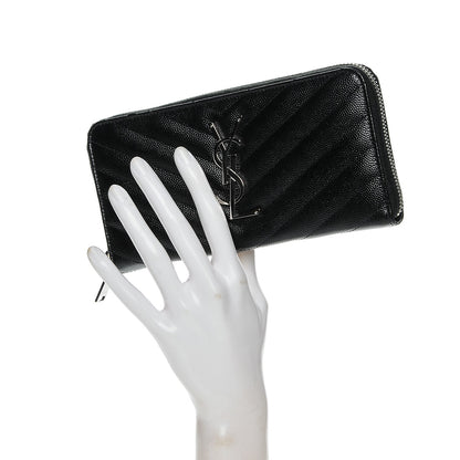 Saint Laurent Grain De Poudre Matelasse Chevron Monogram Zip Around Wallet Black 2 of 12