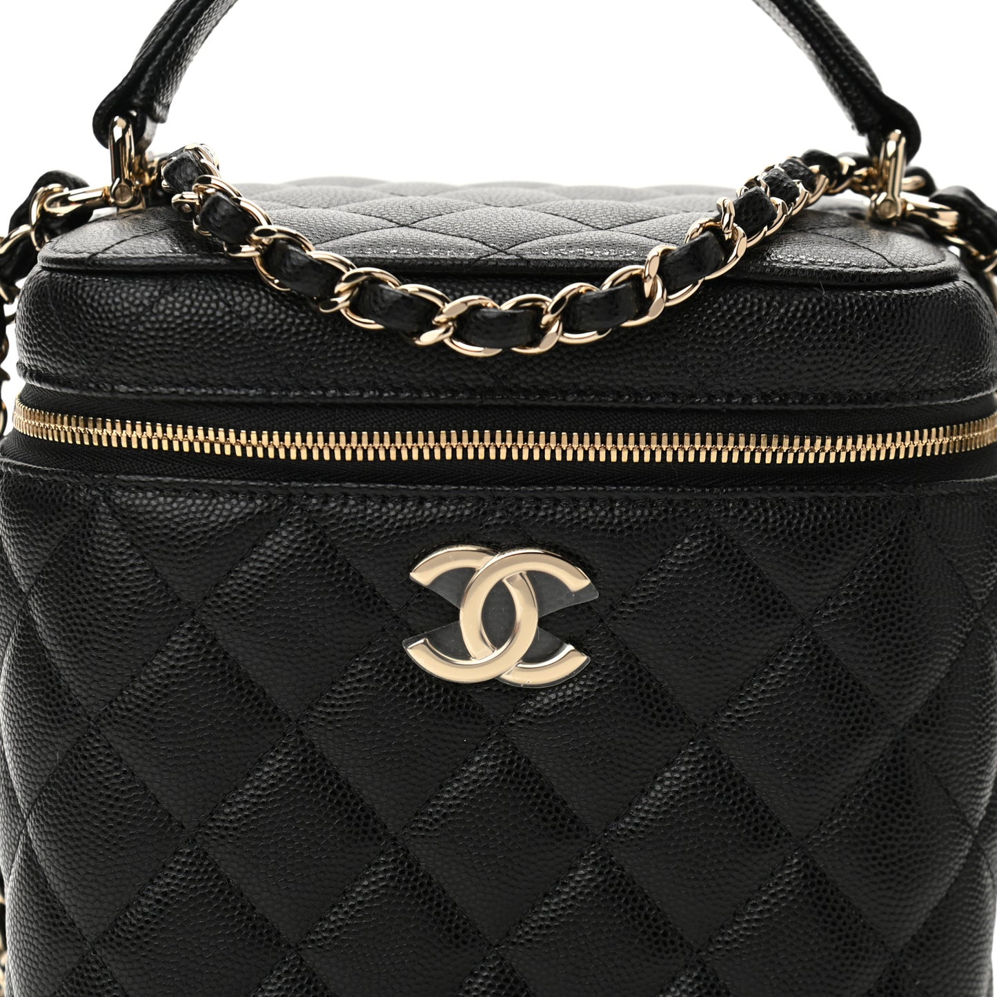 Caviar Quilted Small Top Handle Vanity Case With Chain Black