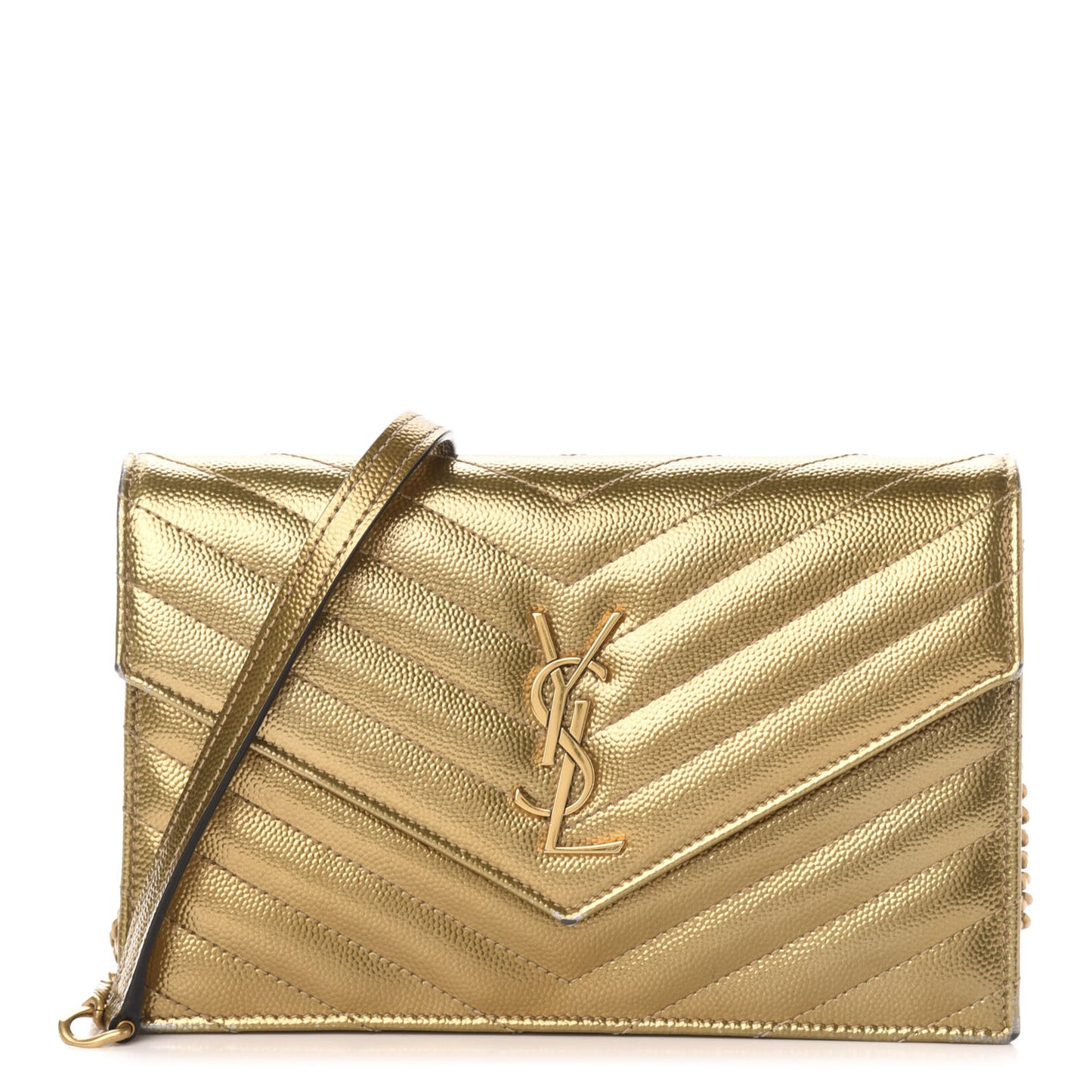Metallic Calfskin Matelasse Chevron Monogram Envelope Chain Wallet Antic Gold