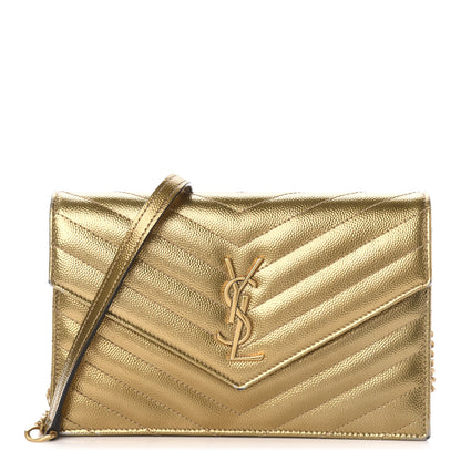 Saint Laurent Metallic Calfskin Matelasse Chevron Monogram Envelope Chain Wallet Antic Gold 1 of 12