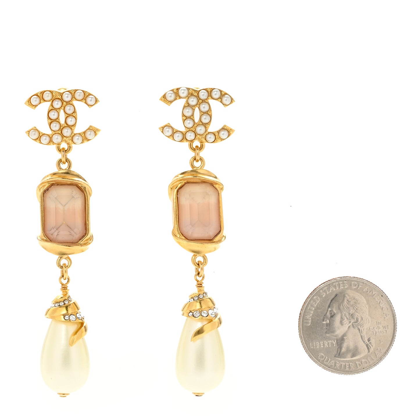 Strass Glass Long Pearl CC Drop Earrings Pink Pearly White Gold