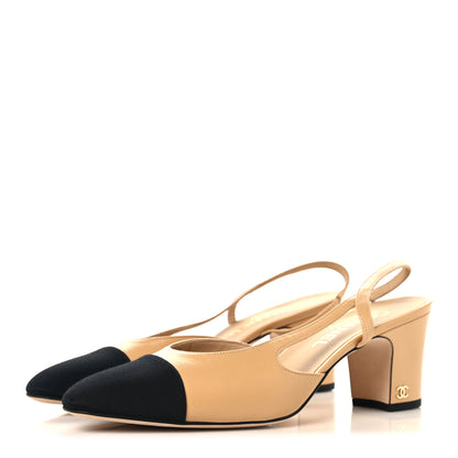 Chanel Goatskin Grosgrain Cap Toe CC Slingback Pumps 40.5 Beige Black 4 of 10