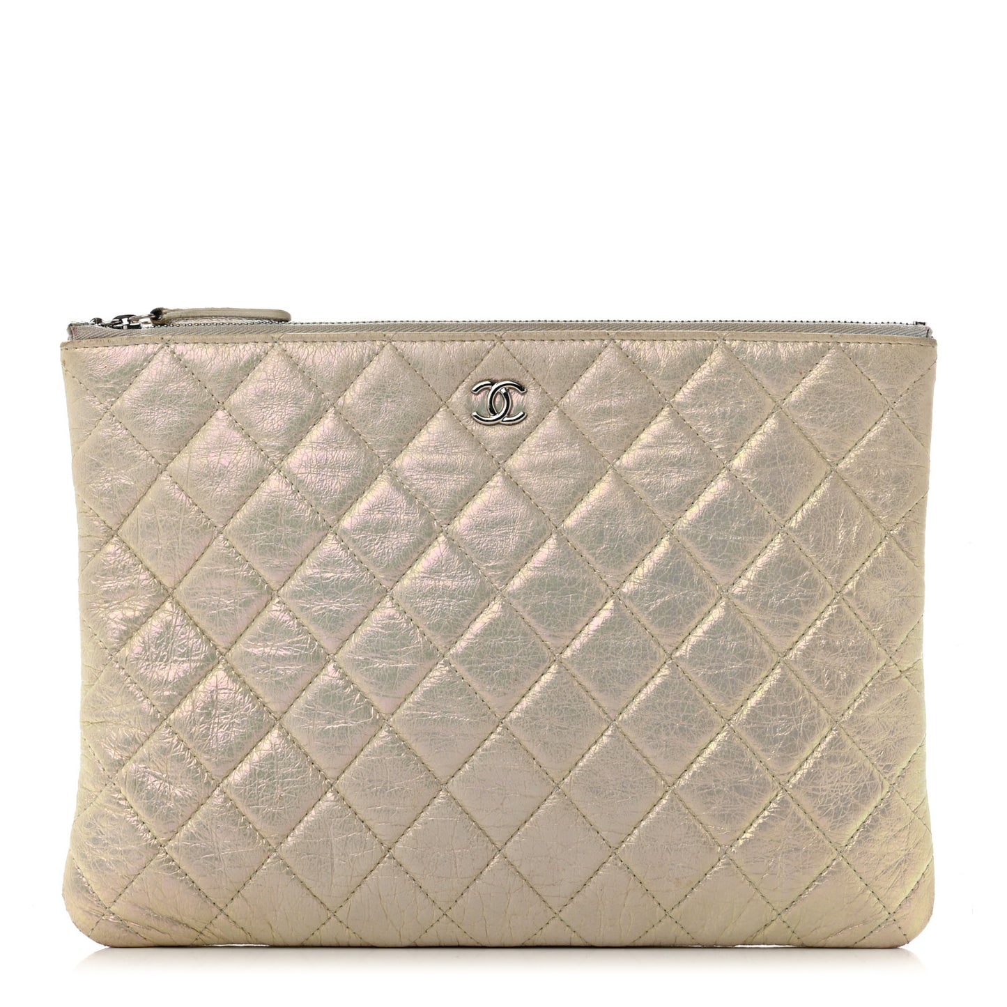 Iridescent Lambskin Quilted Medium Cosmetic Case Ivory