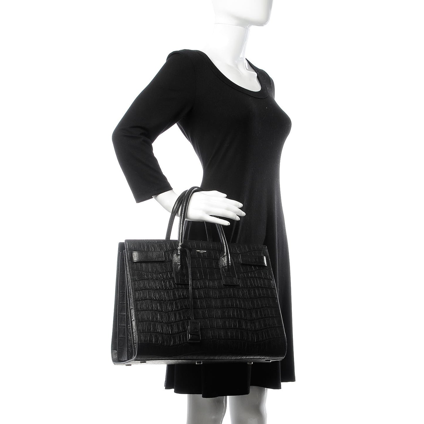 Calfskin Crocodile Embossed Large Sac De Jour Carryall Black