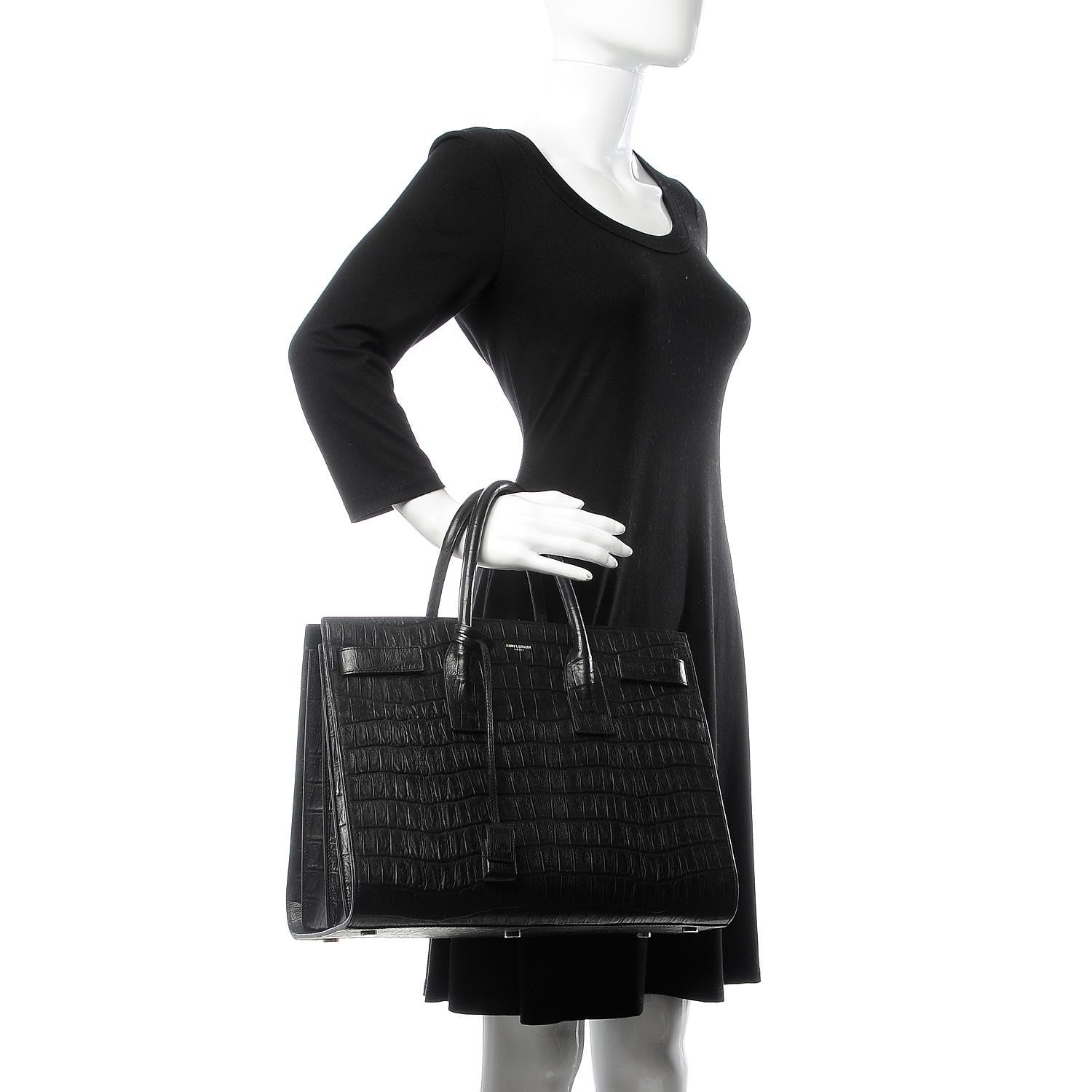Saint Laurent Calfskin Crocodile Embossed Large Sac De Jour Carryall Black 2 of 8