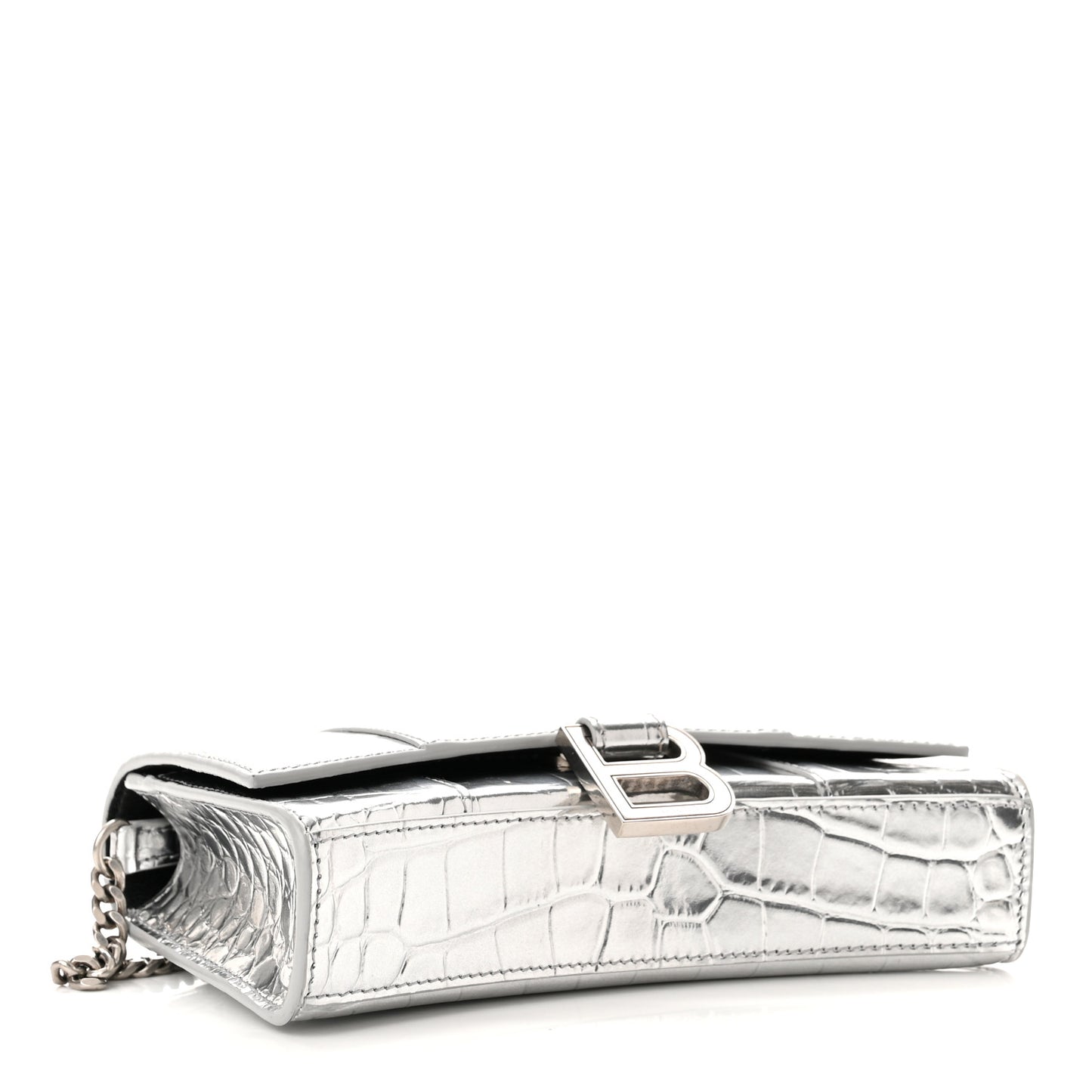 Metallic Calfskin Crocodile Embossed Hourglass Chain Bag Silver