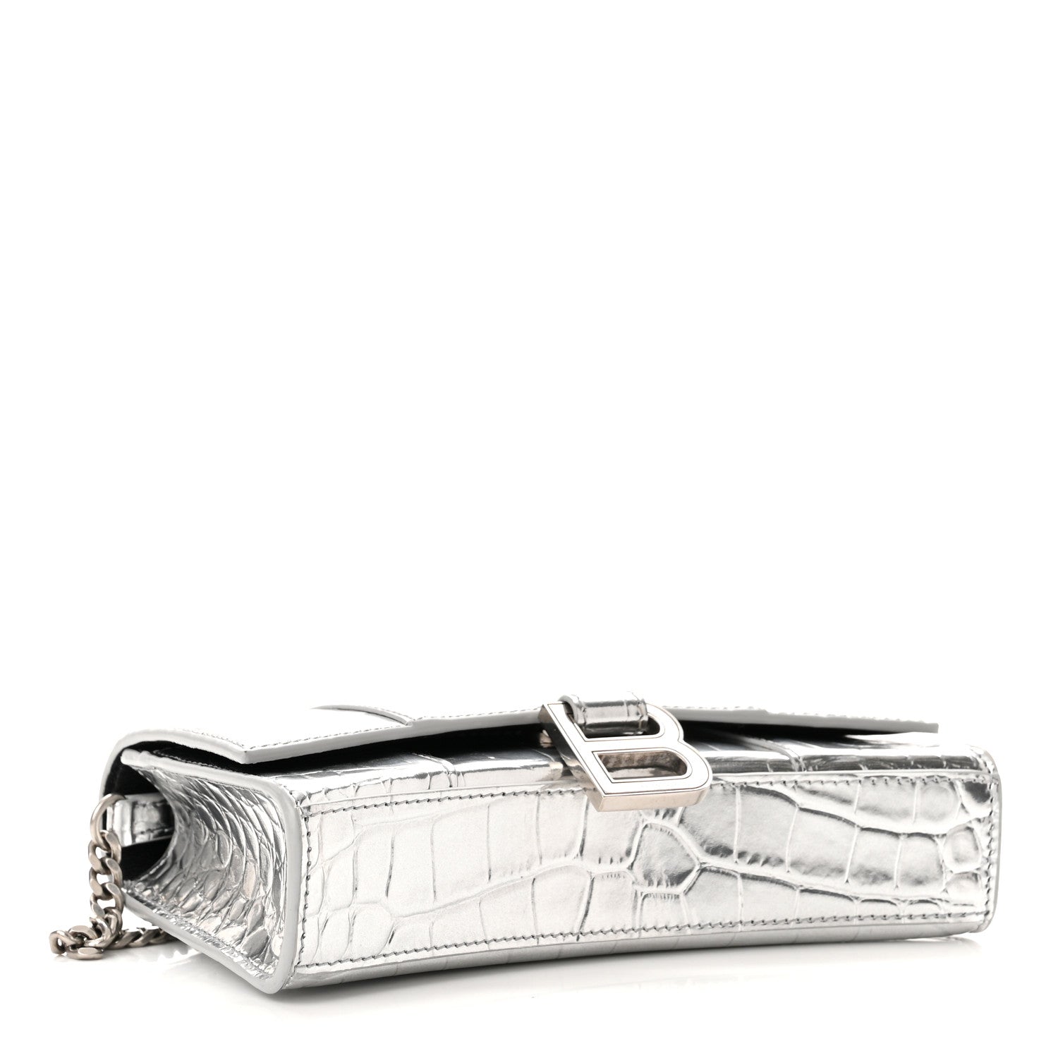 Balenciaga Metallic Calfskin Crocodile Embossed Hourglass Chain Bag Silver 3 of 8