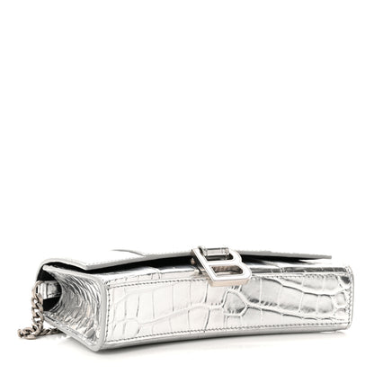 Balenciaga Metallic Calfskin Crocodile Embossed Hourglass Chain Bag Silver 3 of 8
