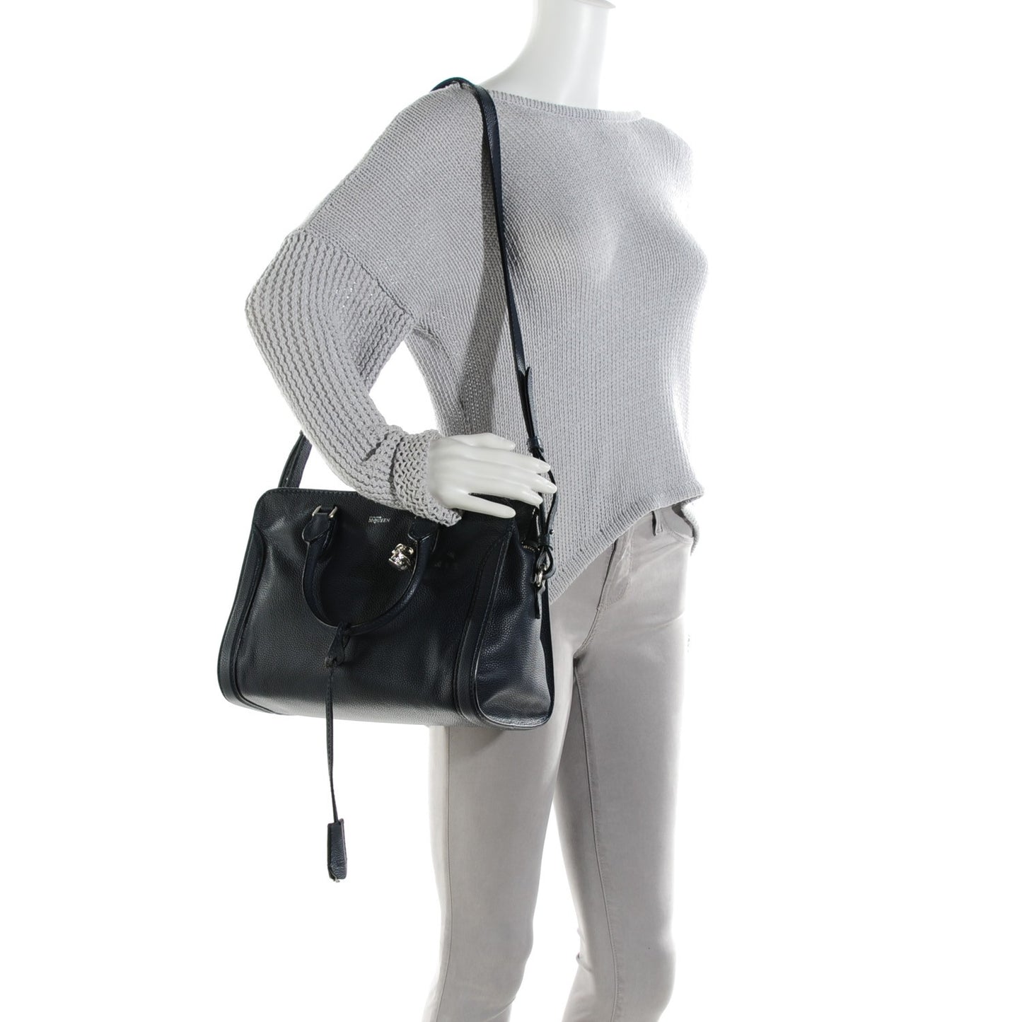 Pebbled Calfskin Small Skull Padlock Zip Around Tote Navy