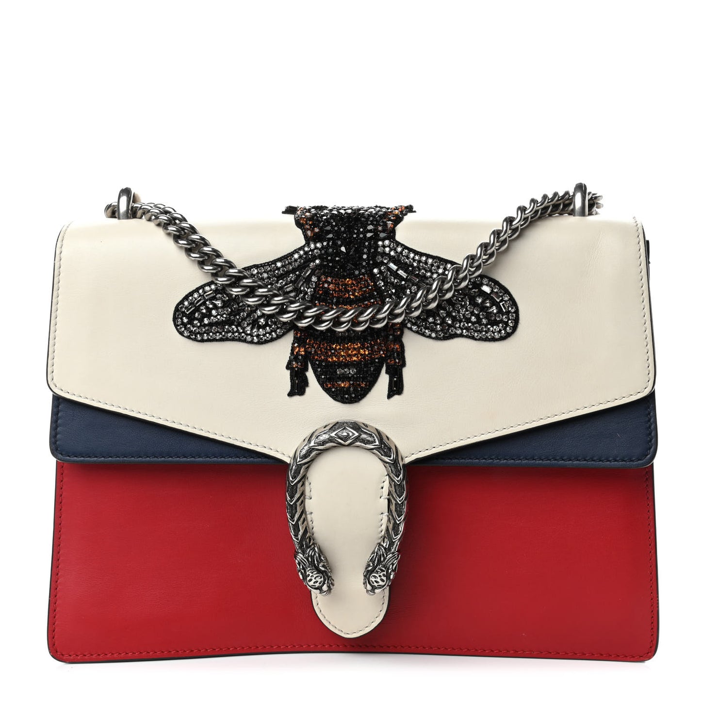 Calfskin Bee Embroidered Medium Dionysus Shoulder Bag White Blue Hibiscus Red