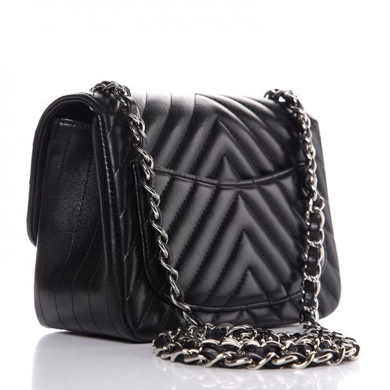 Lambskin Chevron Quilted Mini Square Flap Black