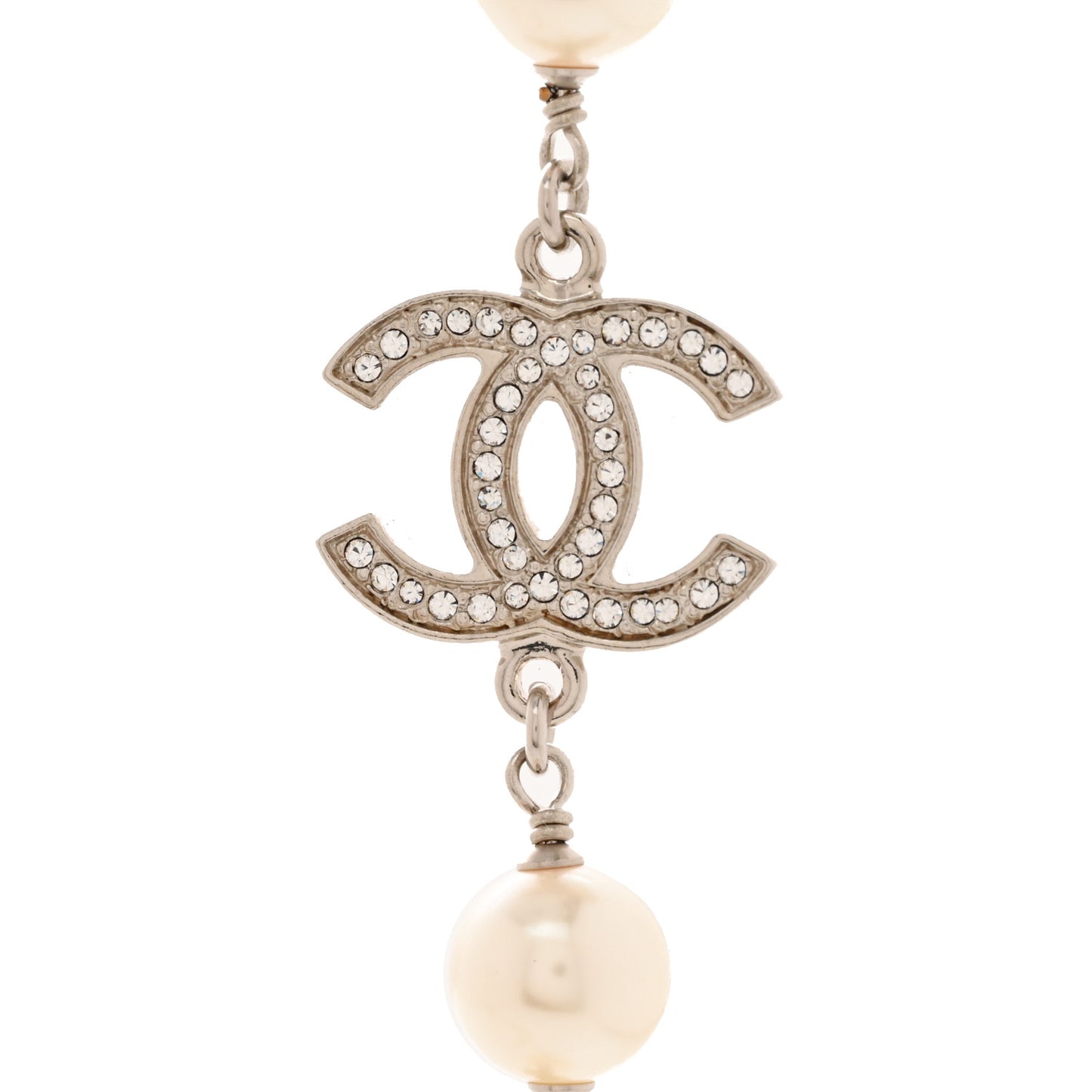 Graduated Pearl Crystal CC Long Necklace Silver