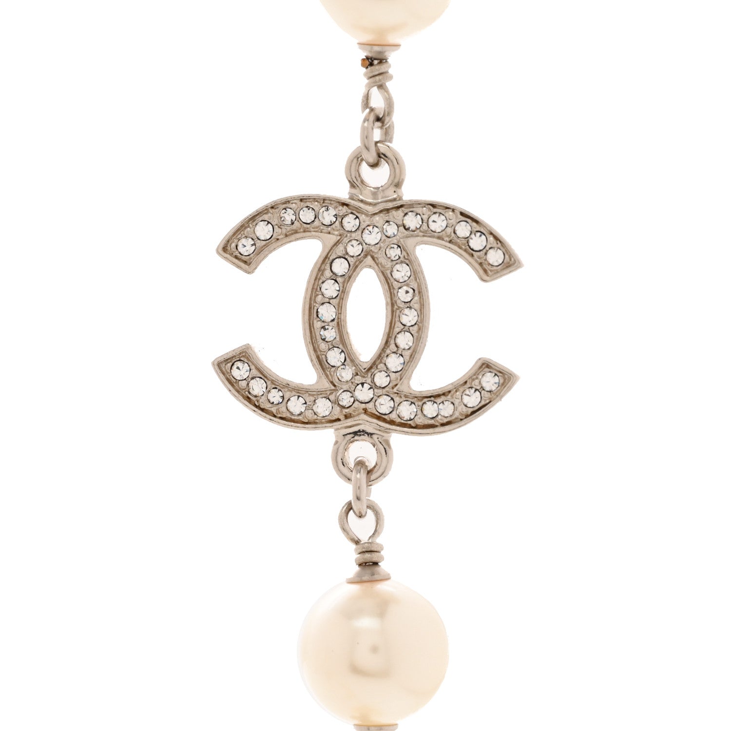 Chanel Graduated Pearl Crystal CC Long Necklace Silver 5 of 6