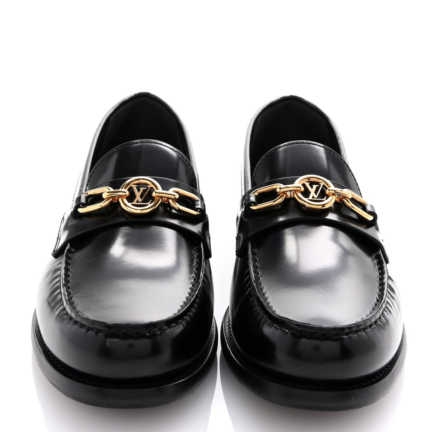 Glazed Calfskin Chess Flat Loafer 38.5 Black