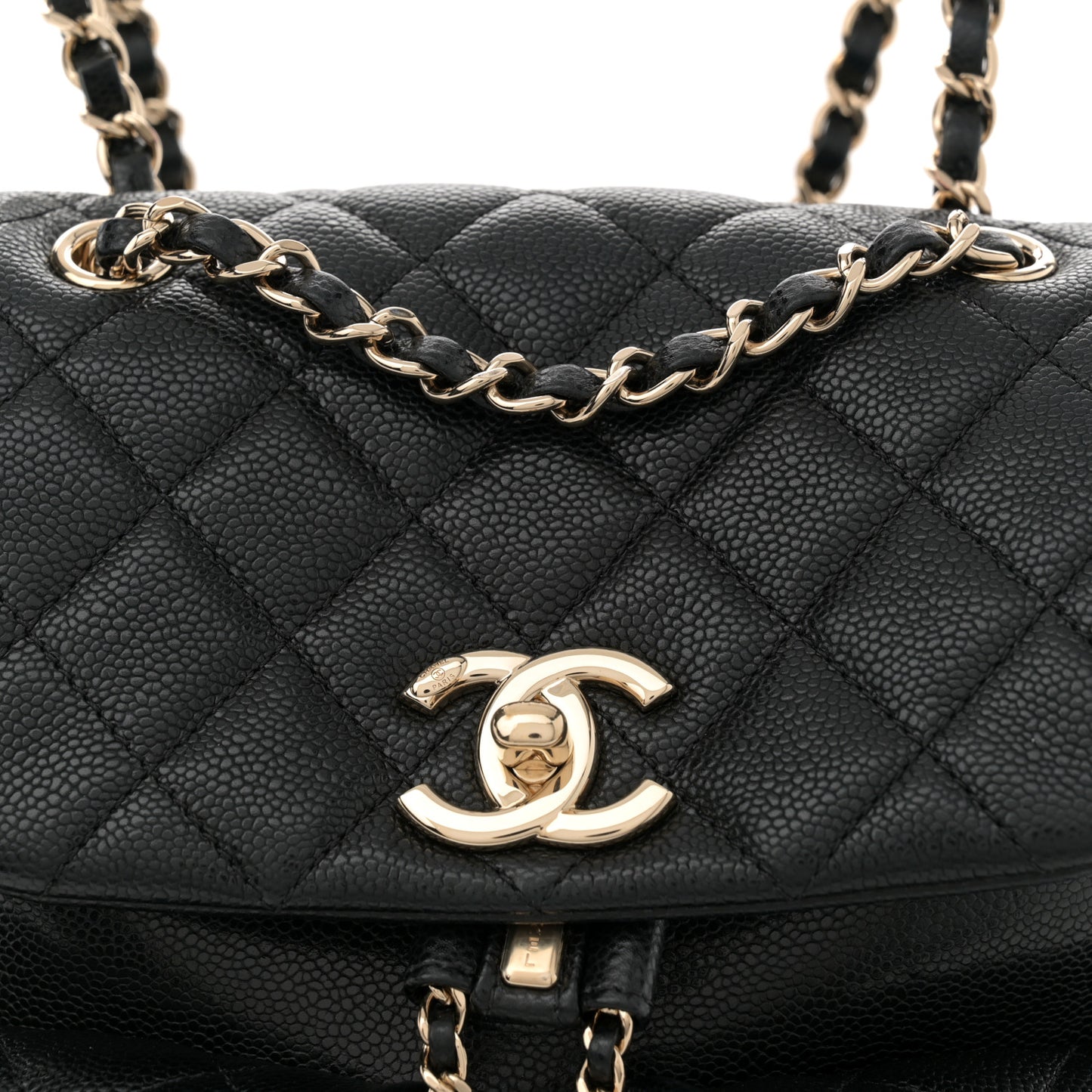 Shiny Caviar Quilted Medium Duma Pockets Drawstring Backpack Black