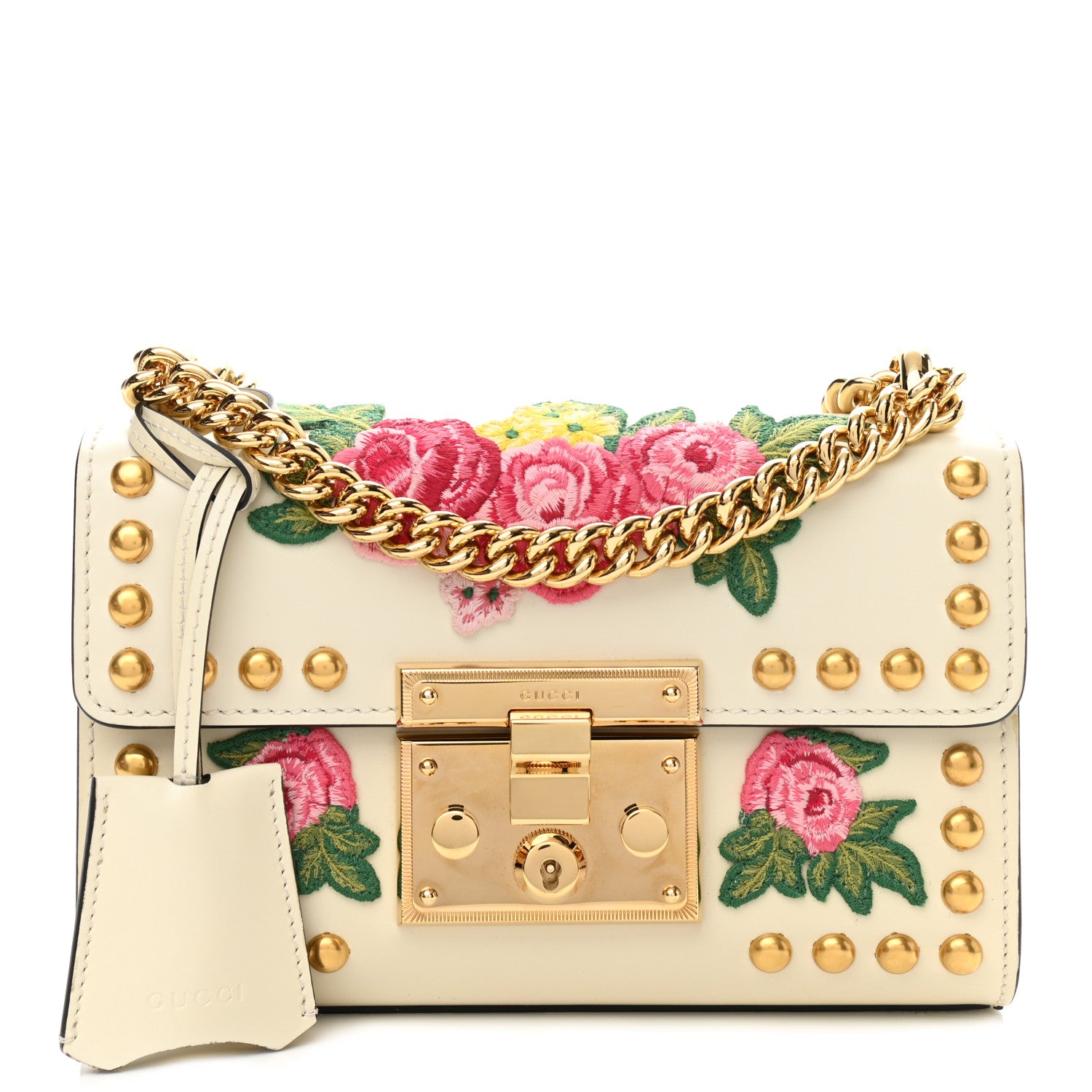 Gucci Calfskin Floral Embroidered Small Padlock Shoulder Bag White 1 of 12