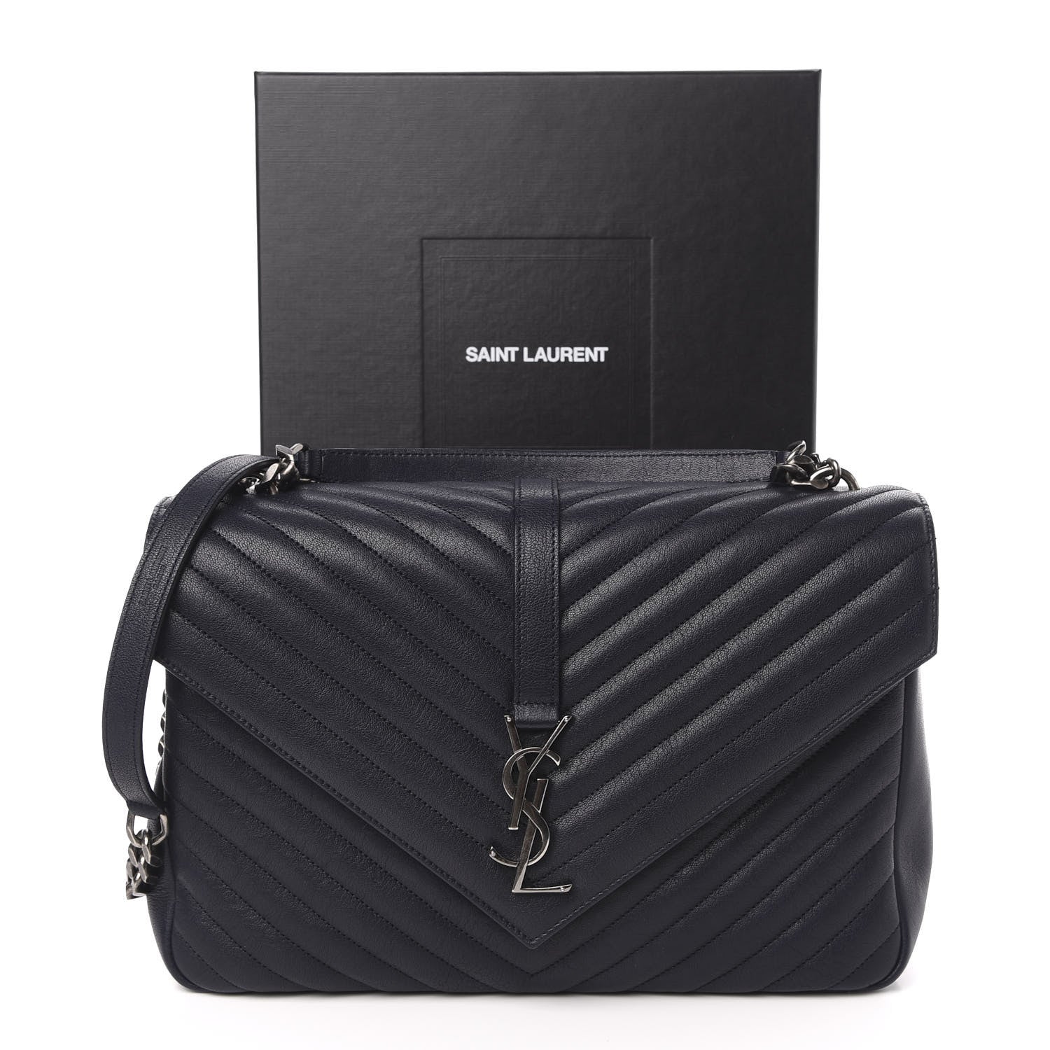 Saint Laurent Sheepskin Matelasse Chevron Monogram Large College Satchel Black 11 of 11