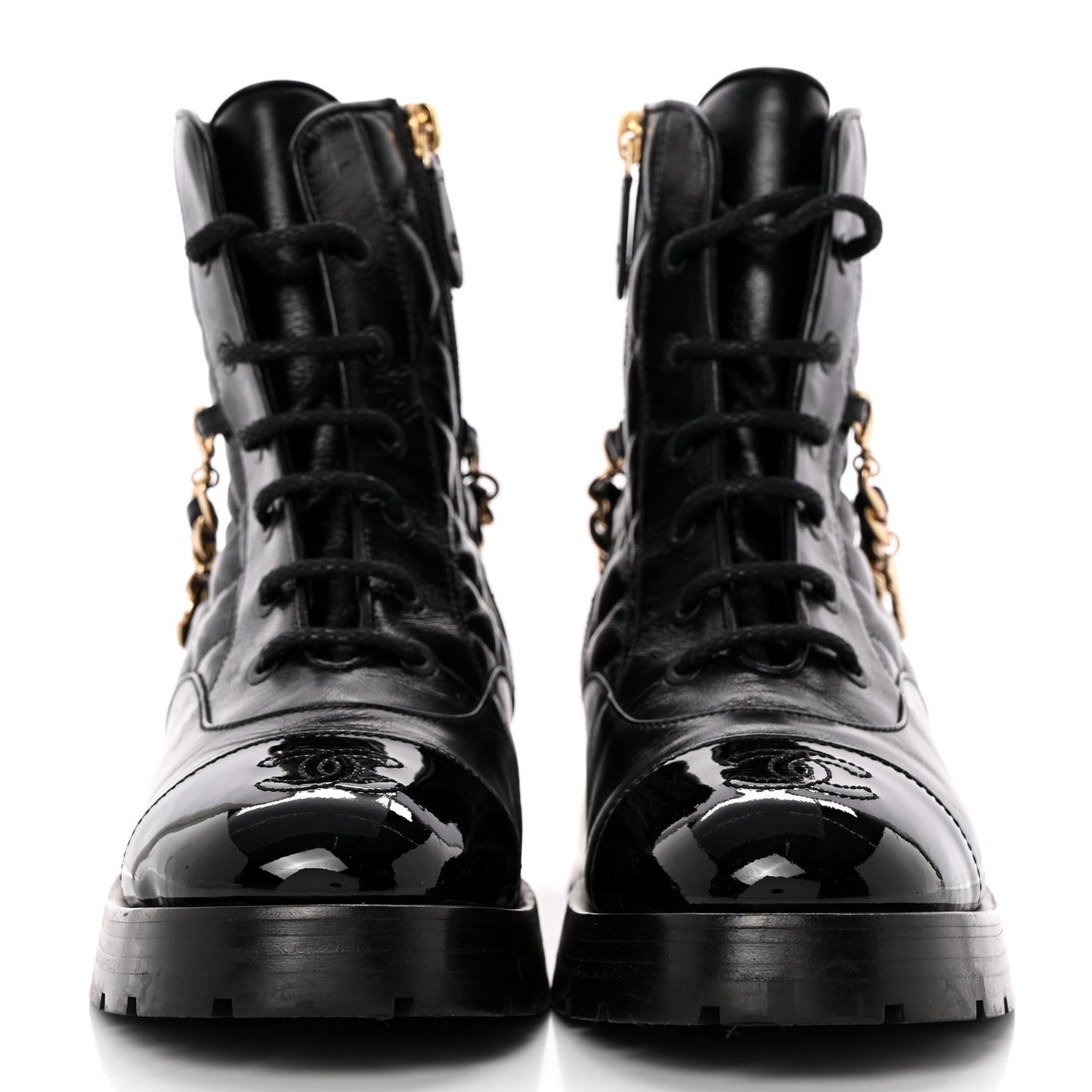 Shiny Calfskin Patent Quilted Chain Lace Up Combat Boots 37 Black