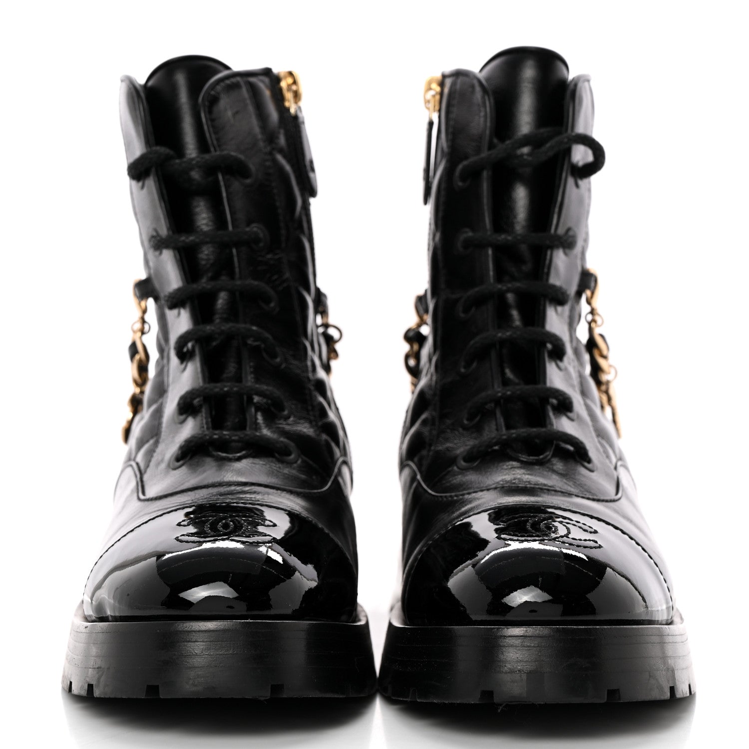 Chanel Shiny Calfskin Patent Quilted Chain Lace Up Combat Boots 37 Black 2 of 15