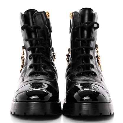 Chanel Shiny Calfskin Patent Quilted Chain Lace Up Combat Boots 37 Black 2 of 15