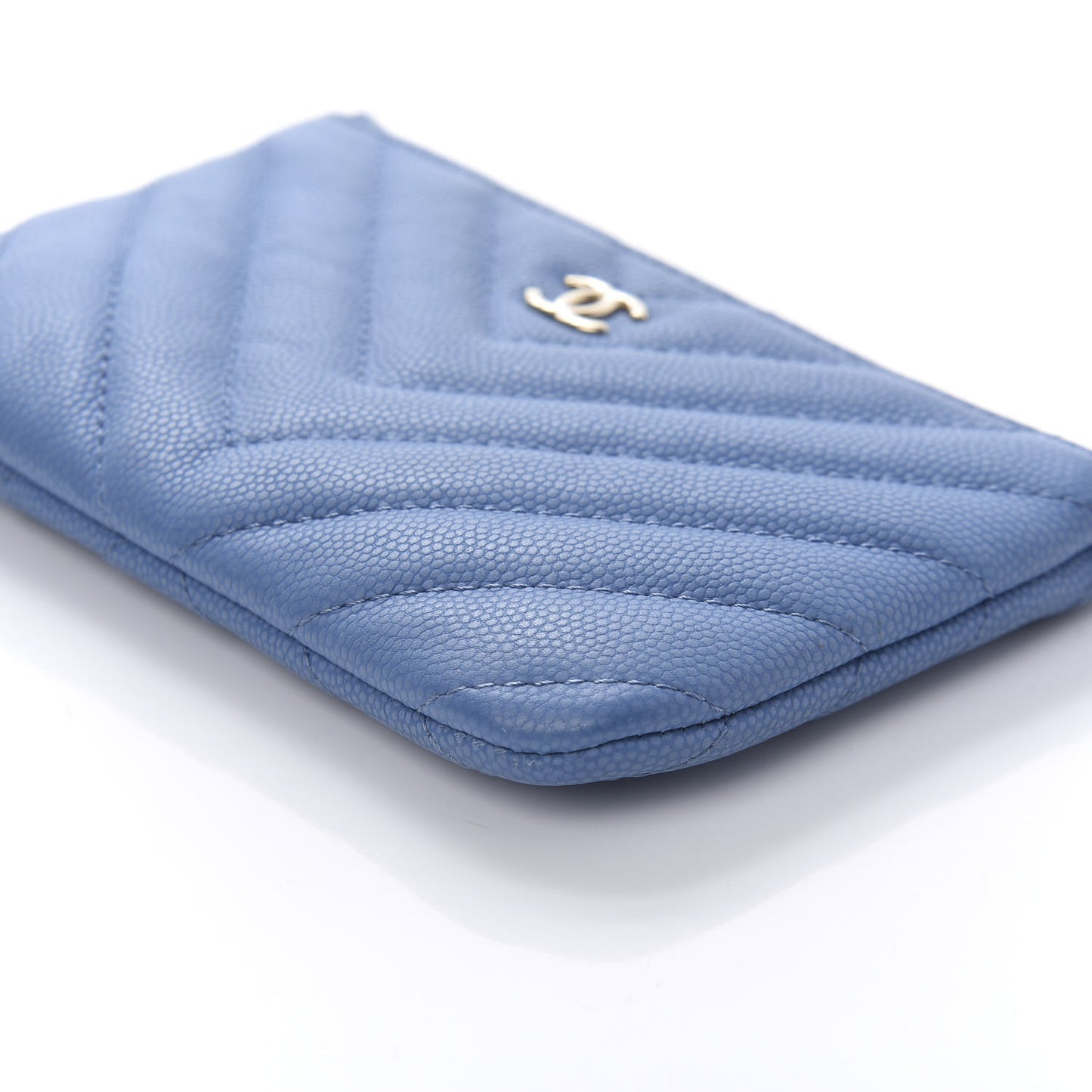 Caviar Flat Chevron Quilted Small Cosmetic Case Blue