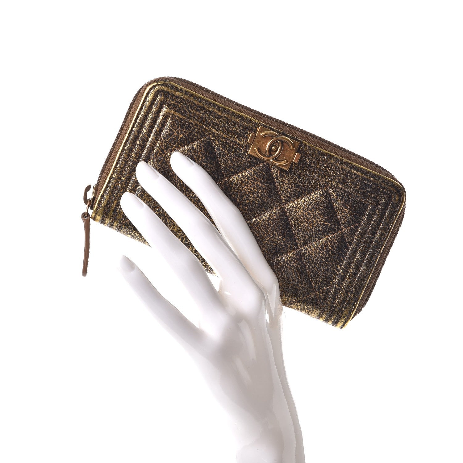 Chanel Cracked Metallic Calfskin Quilted Small Boy Zip Around Wallet Gold 2 of 8