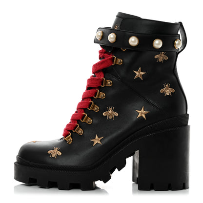 Gucci Calfskin Embroidered Lace Up Combat Ankle Boots 40.5 Black 1 of 9