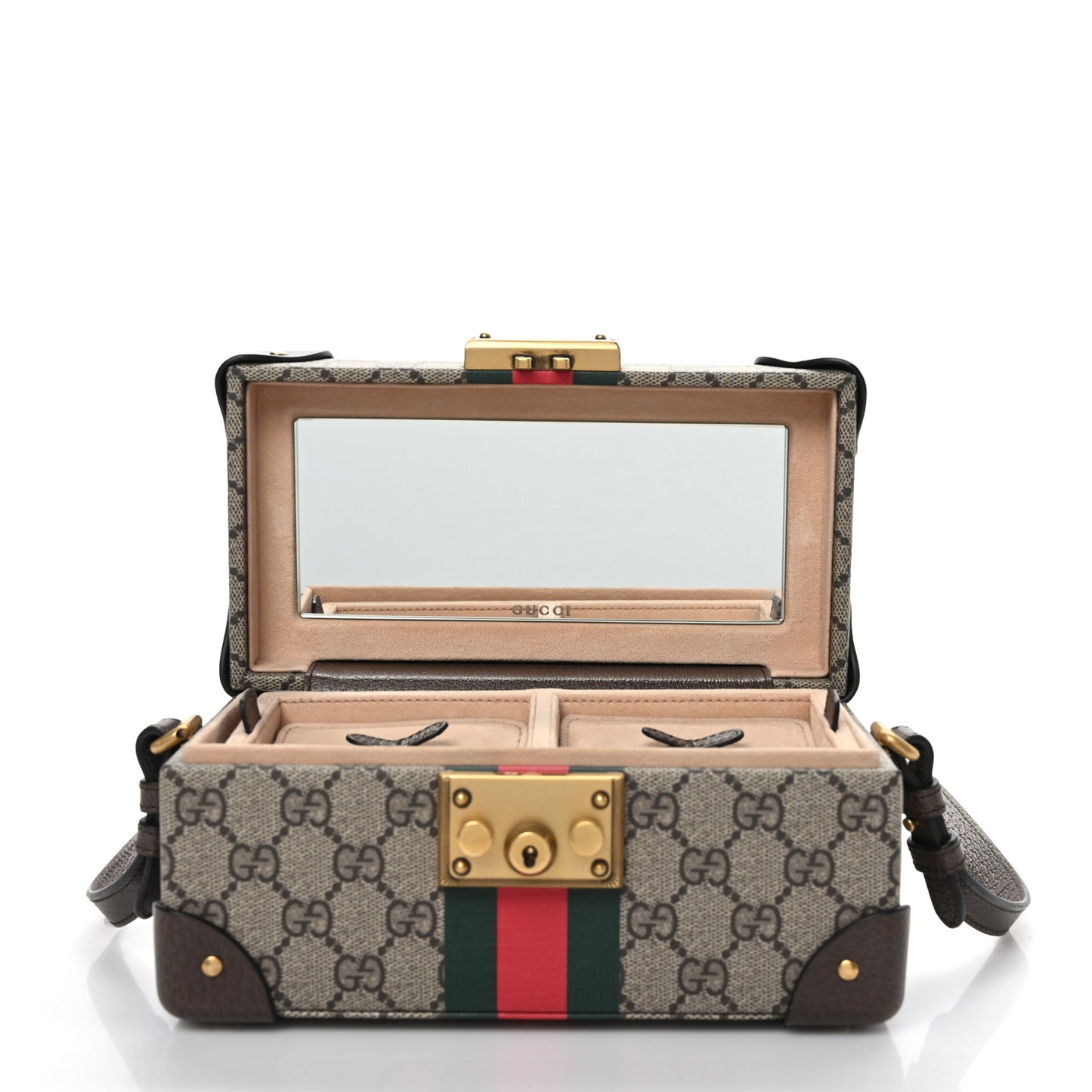 GG Supreme Monogram Textured Dollar Calfskin Web Savoy Jewelry Case Beige Ebony New Acero