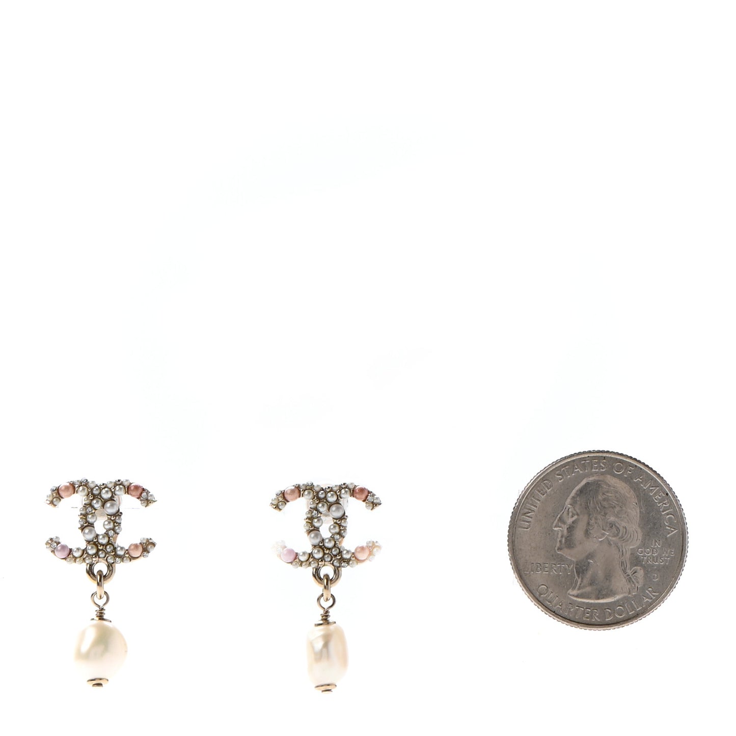 Pearl Crystal CC Charm Drop Earrings Light Gold Pink