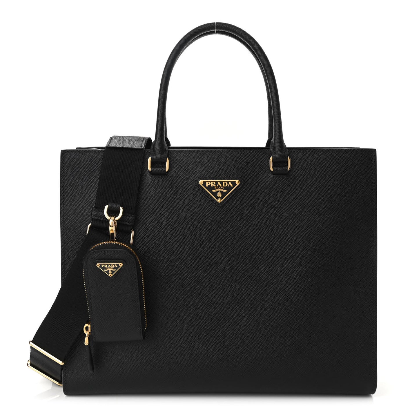 Saffiano Lux Metal Triangle Logo Large Shoulder Tote Handbag Black