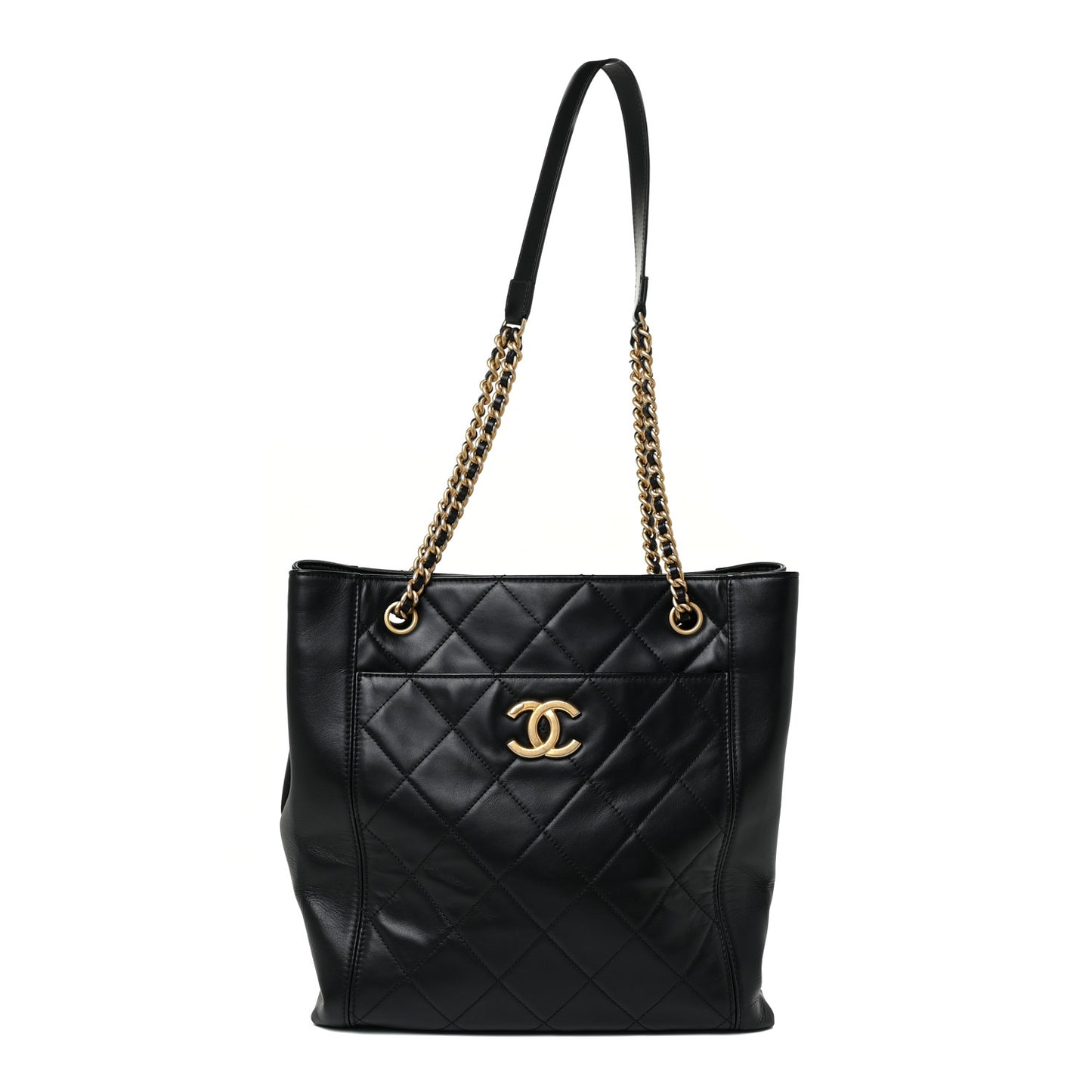 Calfskin Quilted CC Front Pocket Shopping Tote Black