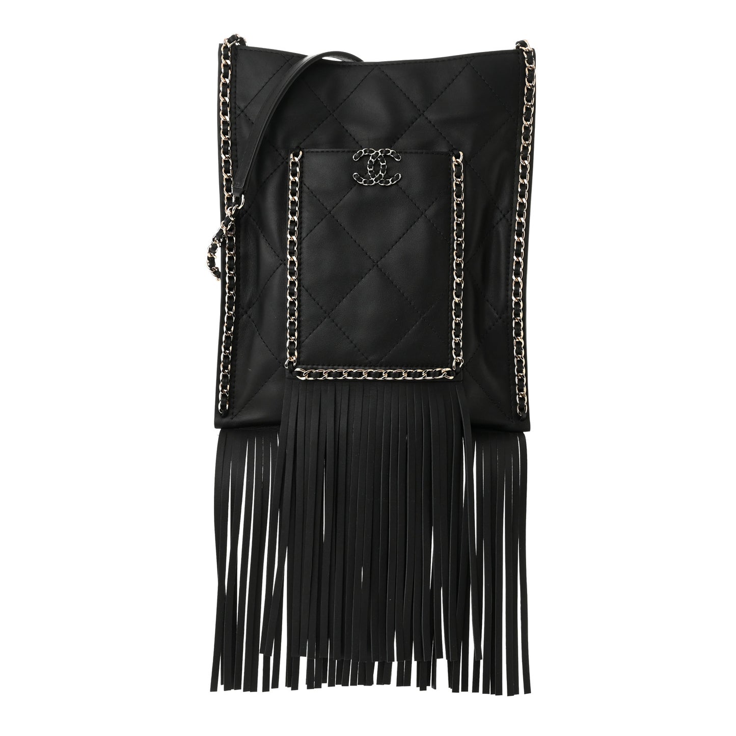 Calfskin Quilted Fringe Small Shopping Bag Black