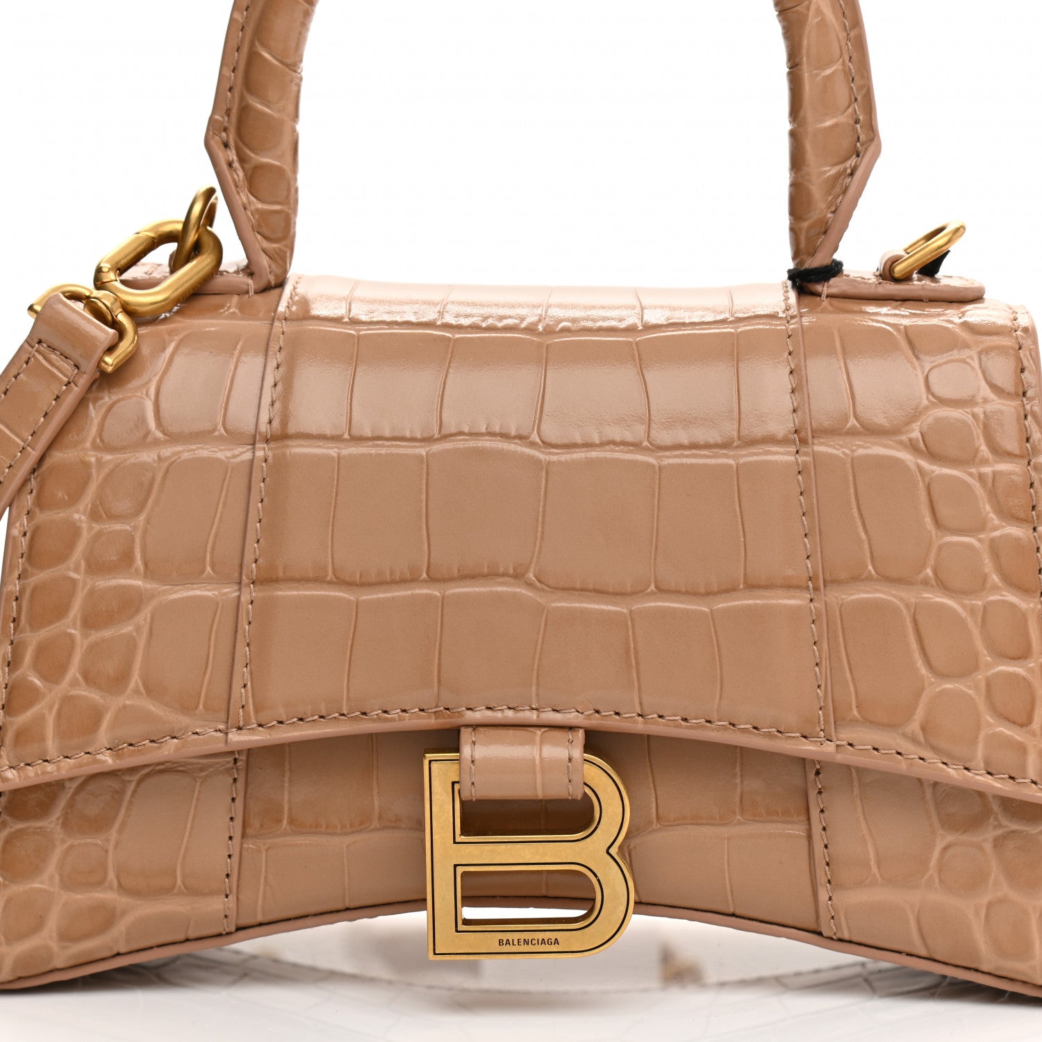 Balenciaga Shiny Calfskin Crocodile Embossed Hourglass Top Handle Bag XS Nude Beige 9 of 13