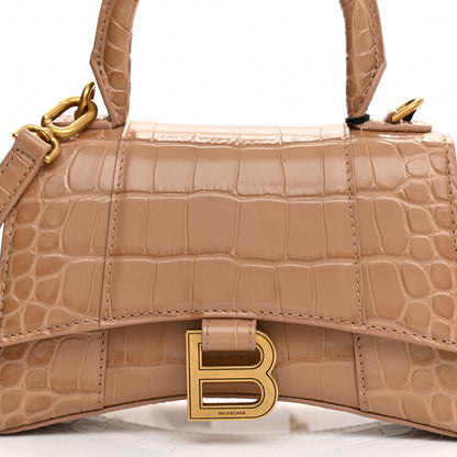 Balenciaga Shiny Calfskin Crocodile Embossed Hourglass Top Handle Bag XS Nude Beige 9 of 13