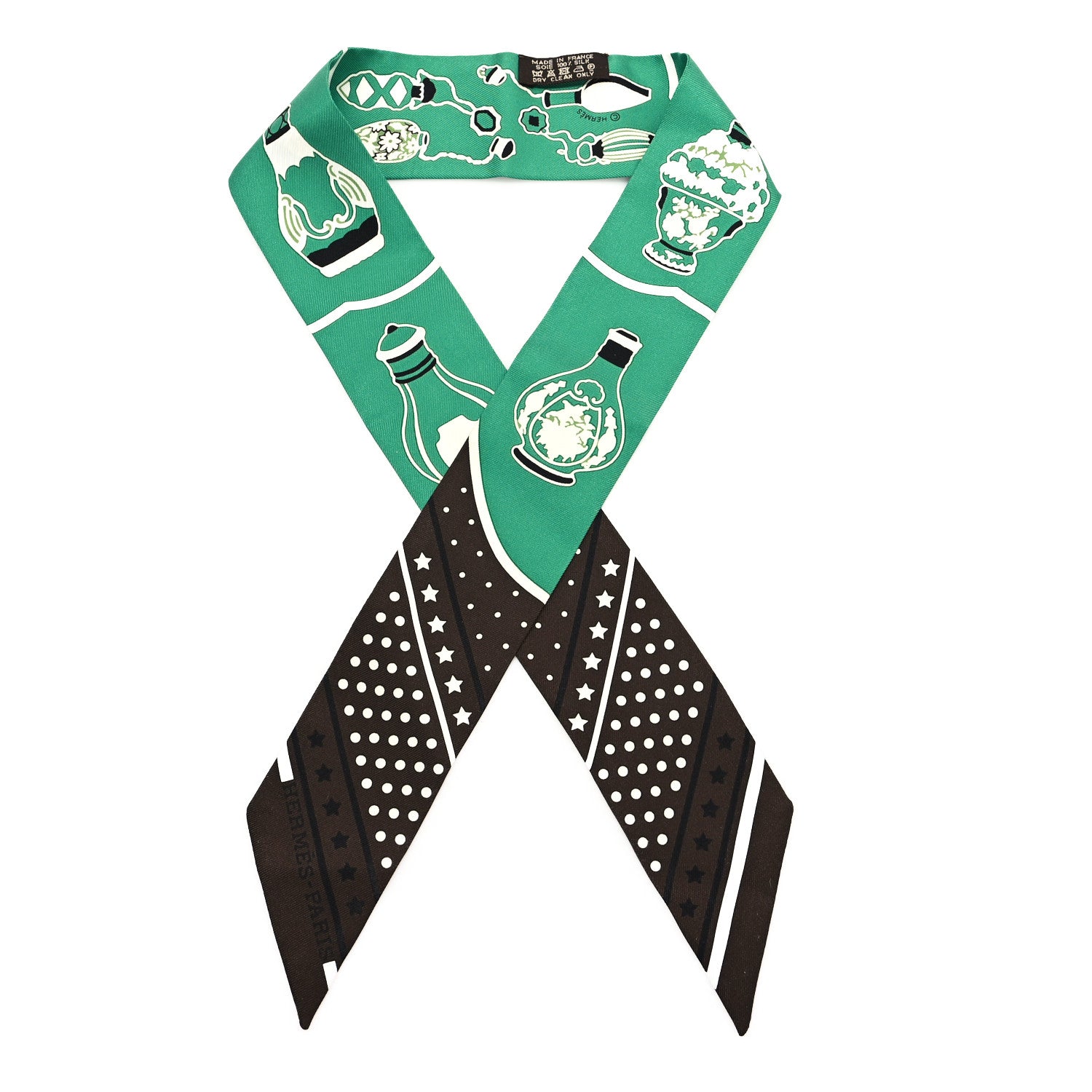 Hermes Silk Les Flacons Bandana Twilly Marron Vert Blanc 1 of 3