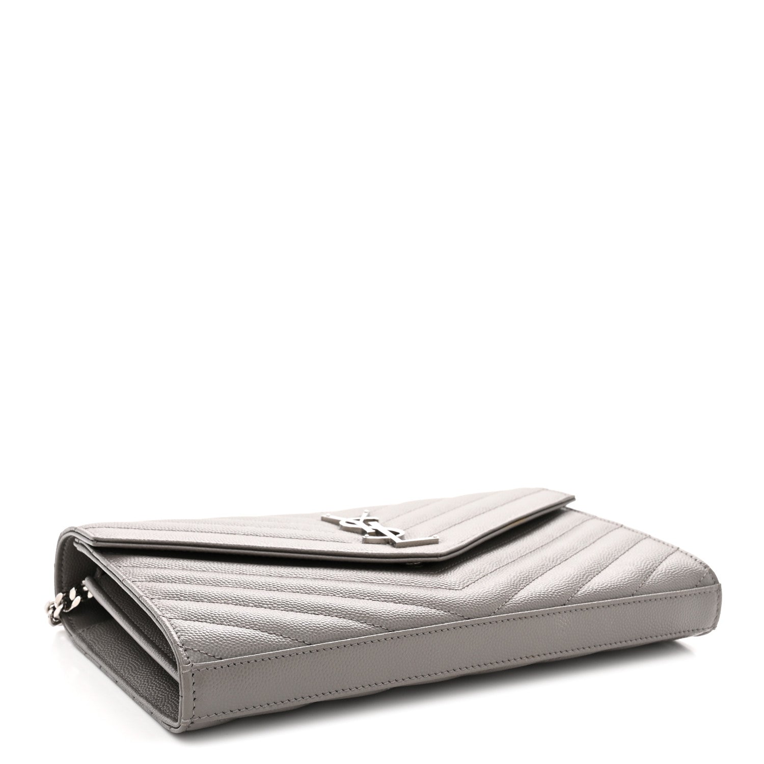 Saint Laurent Grain De Poudre Matelasse Chevron Monogram Chain Wallet Fog 4 of 11