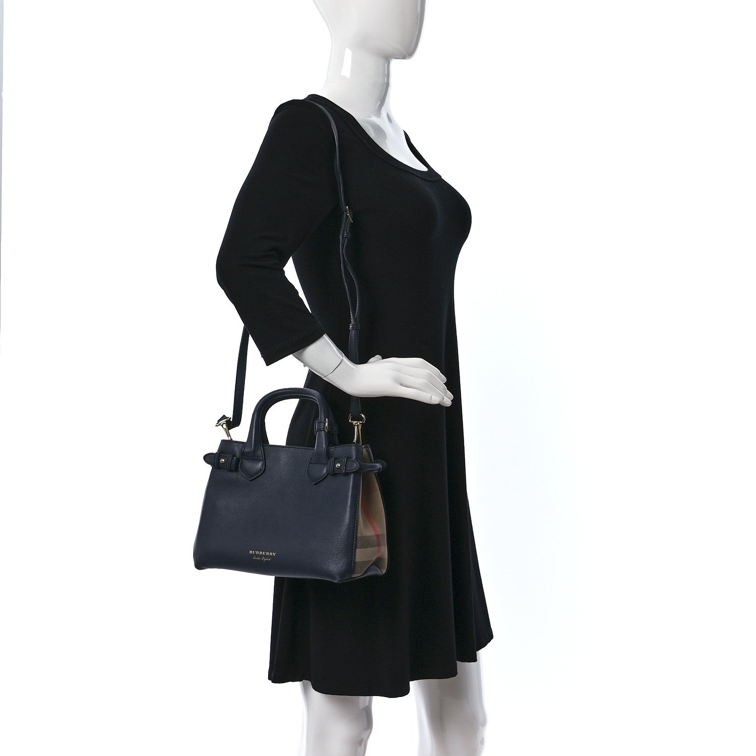 Burberry Calfskin House Check Small Banner Tote Midnight Blue 2 of 12