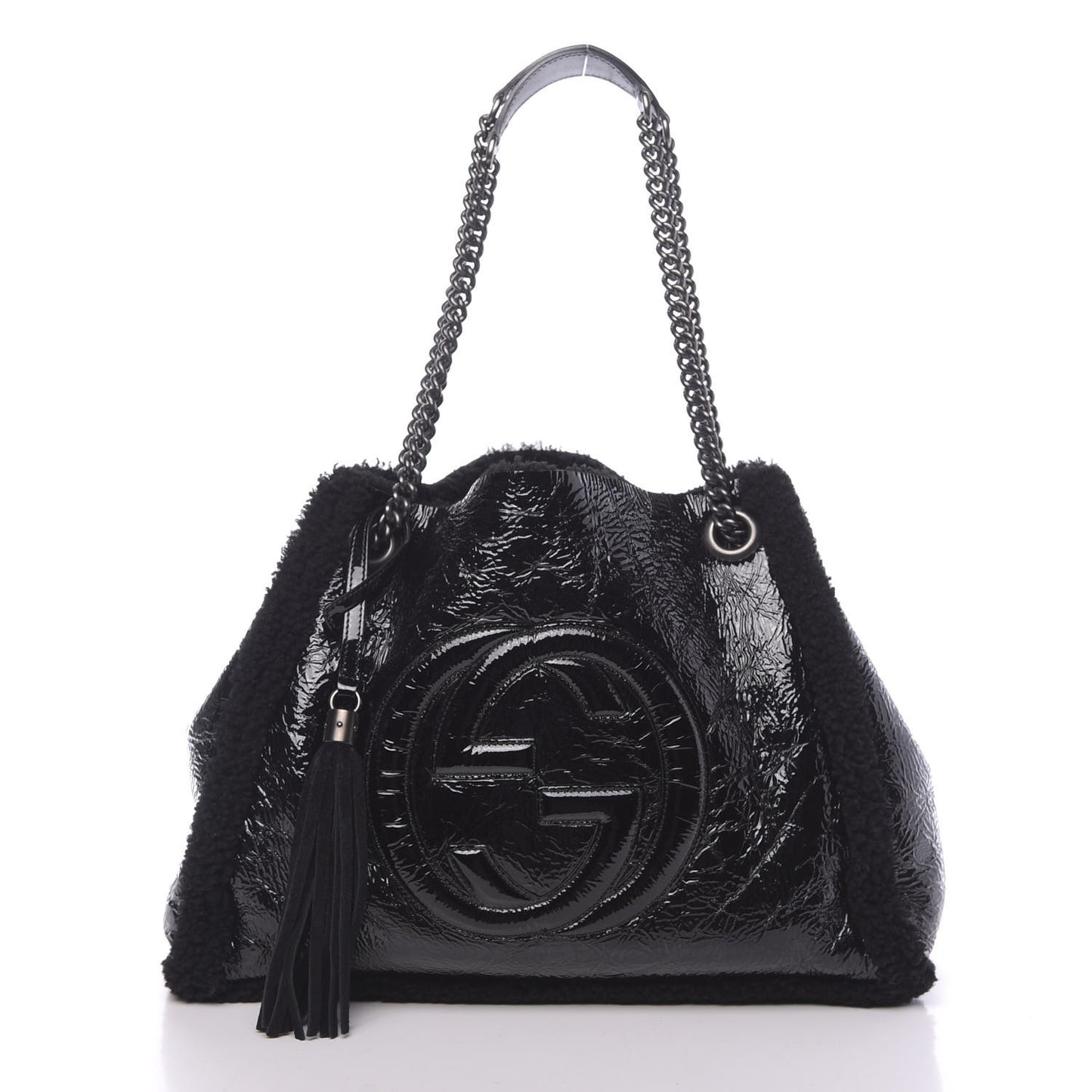 Patent Shearling Medium Soho Chain Shoulder Bag Black