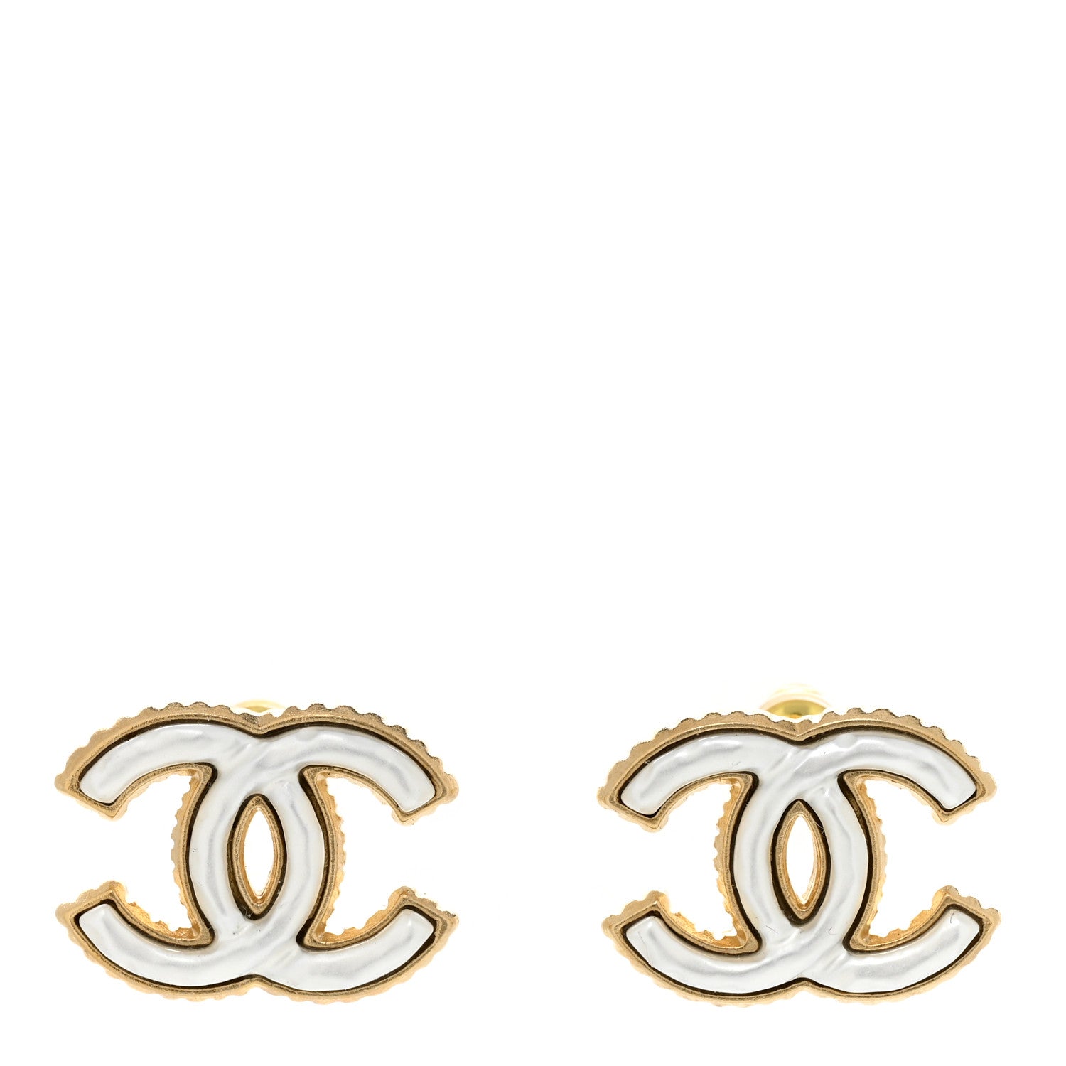 Chanel Metal Enamel CC Earrings Gold White 1 of 4
