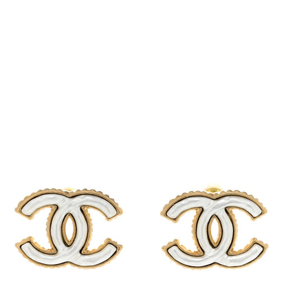 Chanel Metal Enamel CC Earrings Gold White 1 of 4
