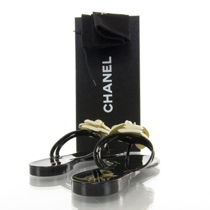 Chanel Jelly Camellia Thong Sandals 37 Black Ivory 3 of 7