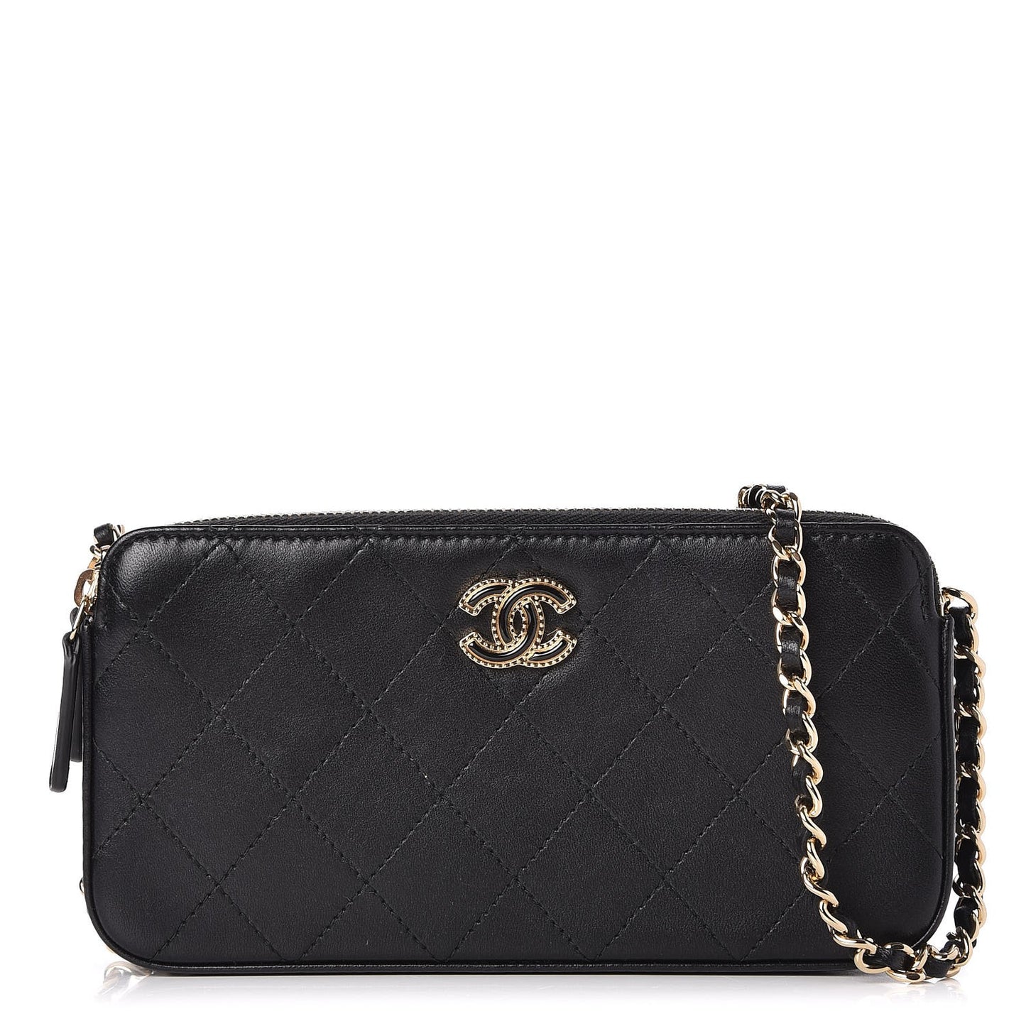 Metallic Lambskin Flat Quilted Clutch With Chain Black