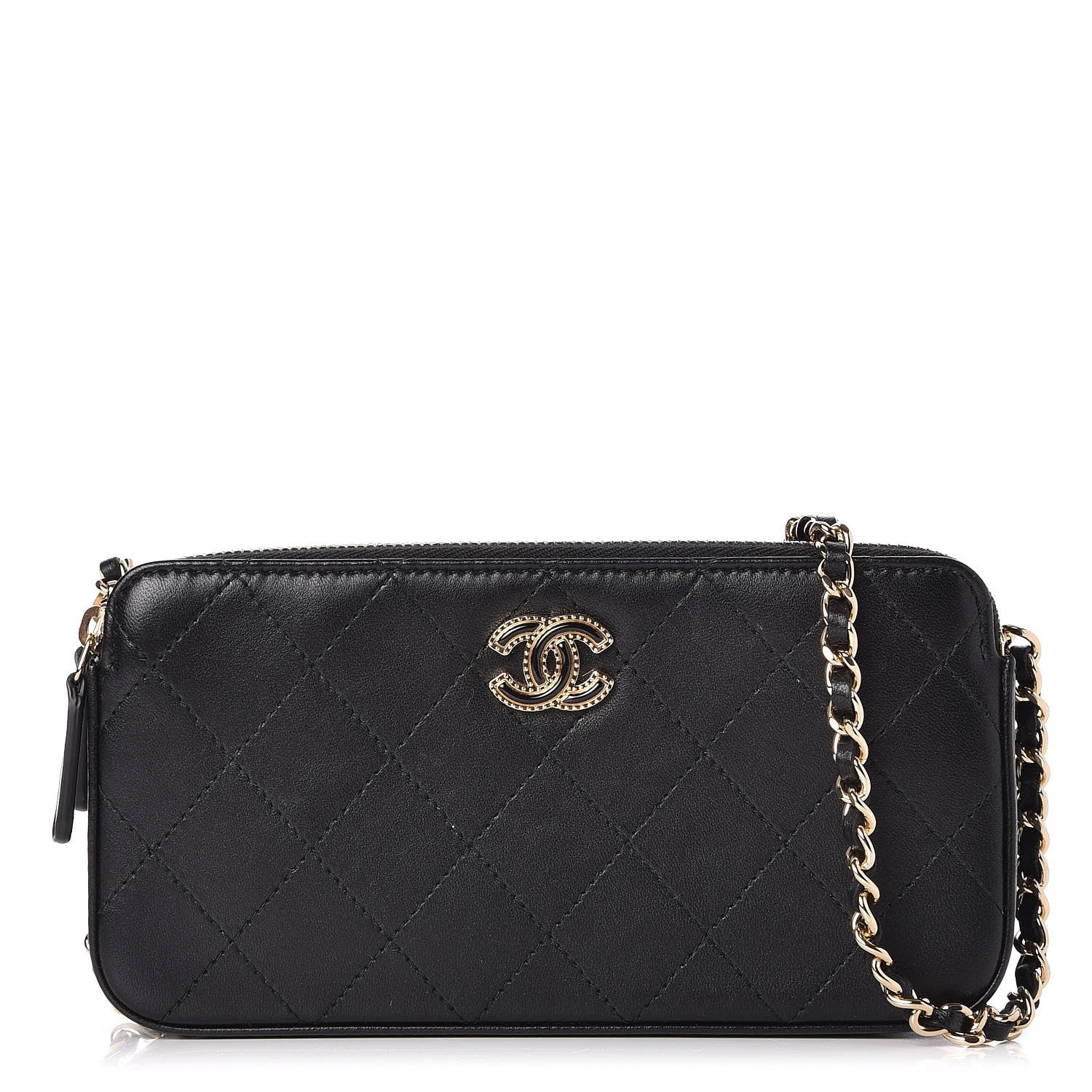 Chanel Metallic Lambskin Flat Quilted Clutch With Chain Black 1 of 9