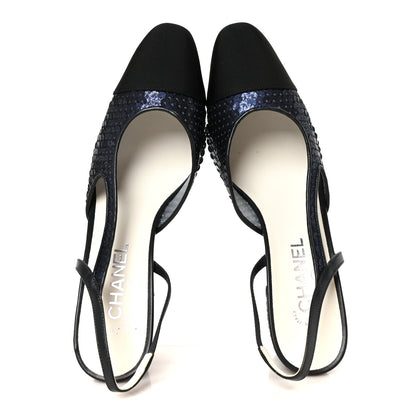 Chanel Glittered Muslin Grosgrain Cap Toe Slingback Pumps 39.5 Navy Blue Black 2 of 11