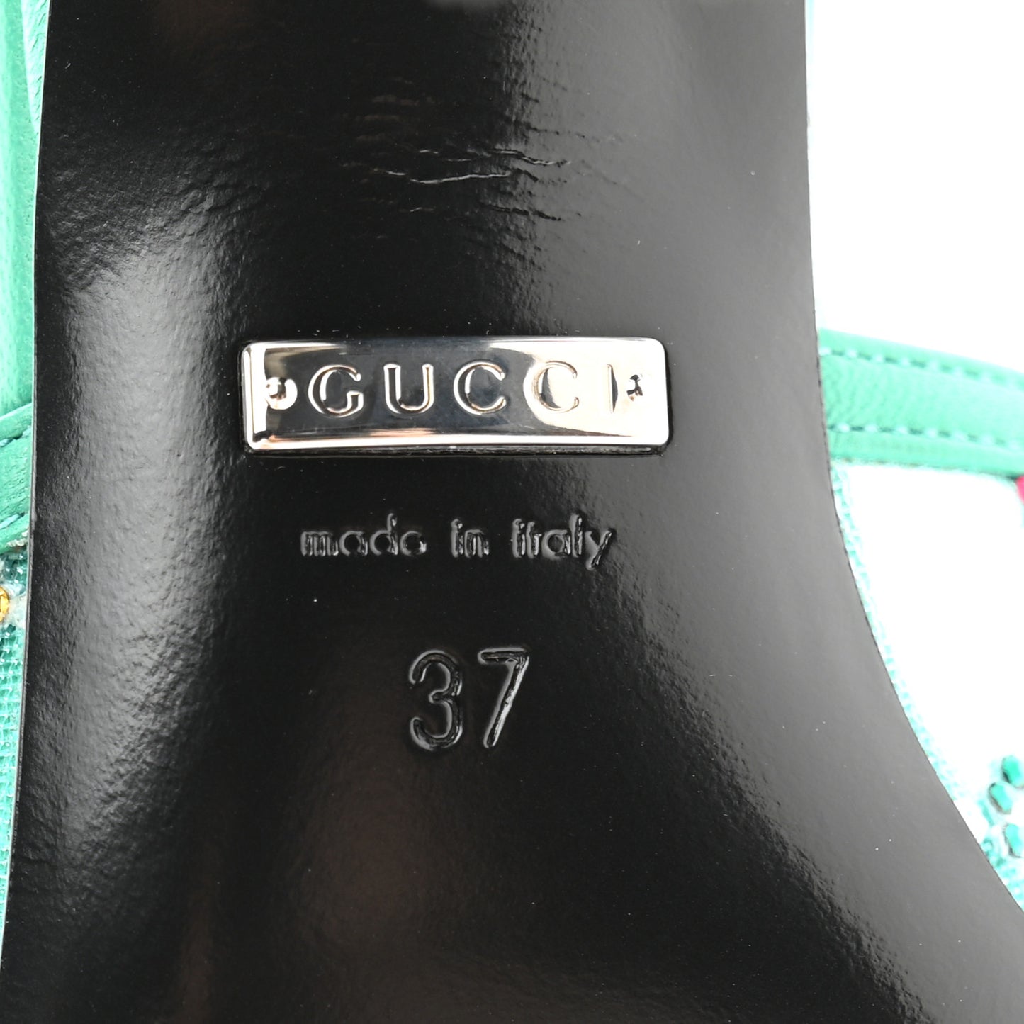 Tela Retino Nappa Crystal GG Monogram Square G 95mm Slide Sandals 37 Turquoise
