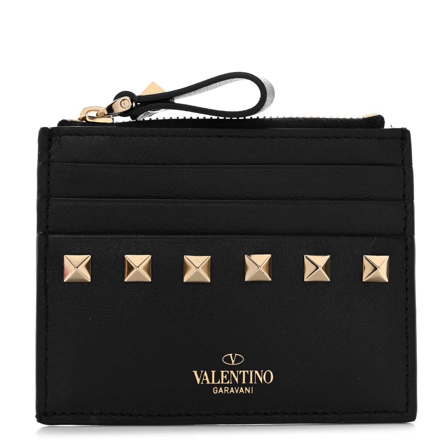 Valentino Garavani Vitello Rockstud Card Holder With Zipper Black 1 of 9