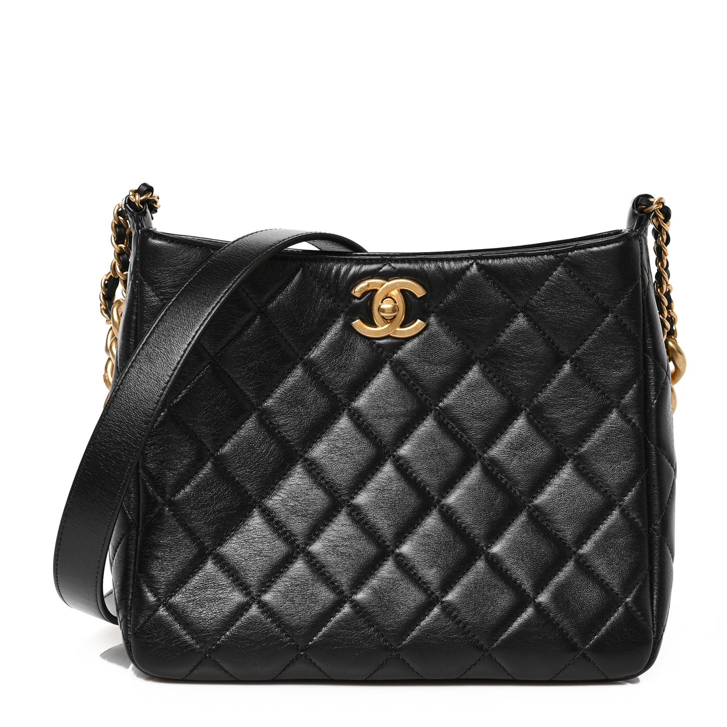 Shiny Lambskin Quilted CC Hobo Black